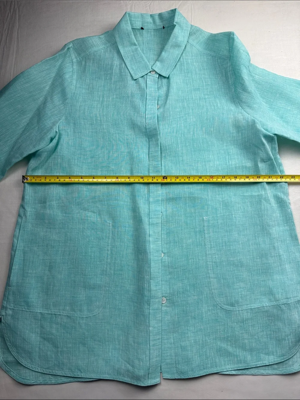 Lafayette 148 Aqua Linen Button-Down Shirt 3/4 Sleeves Side Pockets Size L - Picture 6 of 14